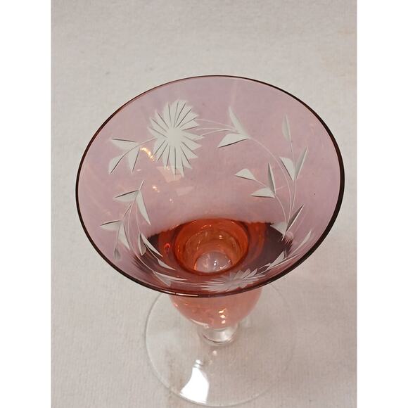 Murano Etched 1 Cocktail Cordial Glass Red 5" Barware Hand Blown Italy Antique - Picture 8 of 12